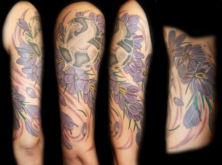 Angela Leaf - saffron flowers color half sleeve tattoo